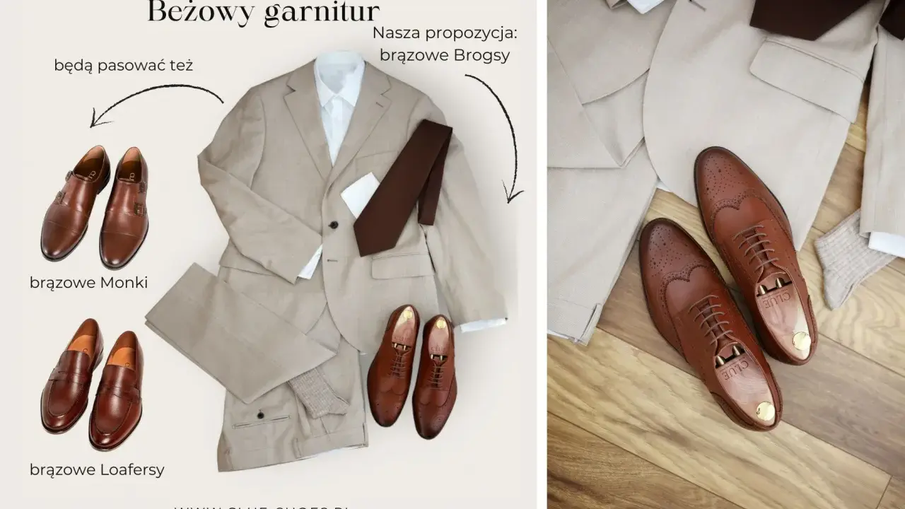 Beżowy garnitur z brązową koszulą i krawatem. Pokazane propozycje: jakie buty do garnituru - brązowe brogsy, monki i loafersy.