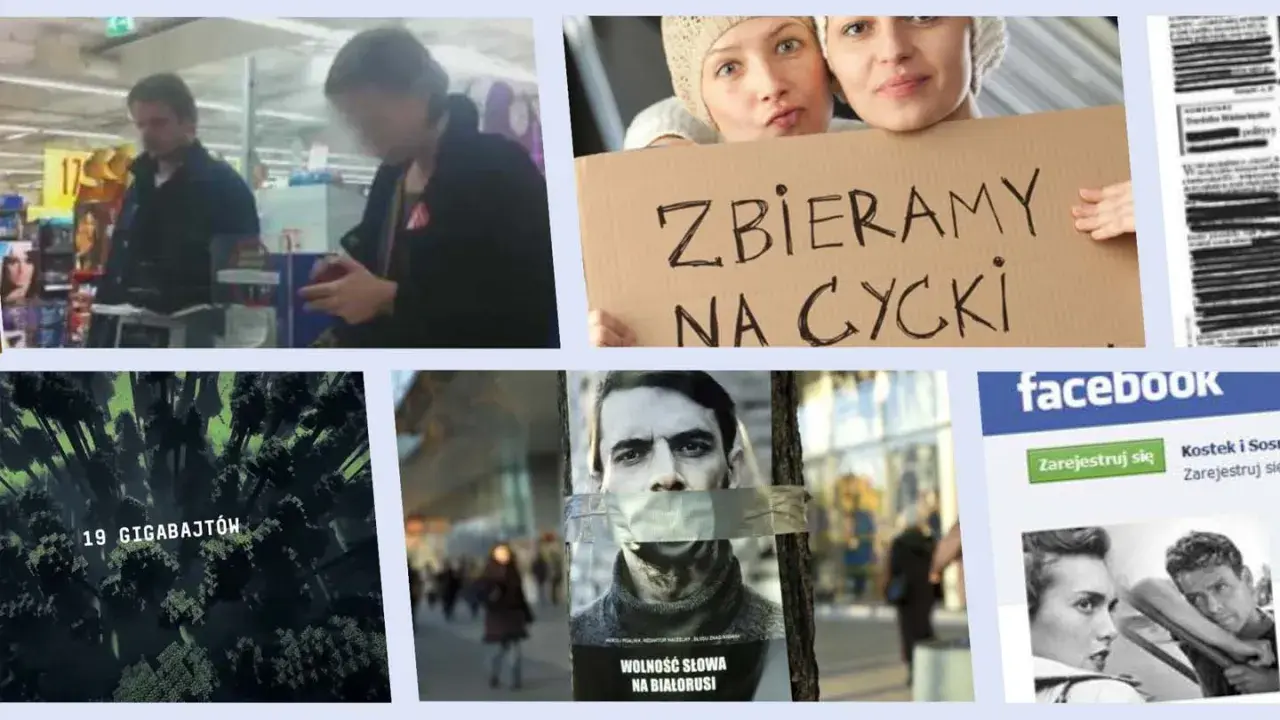 Przykłady reklam społecznych: dwie kobiety z transparentem, plakat z zaklejoną taśmą twarzą, ekran Facebooka, zdjęcie lasu z napisem "19 gigabajtów".