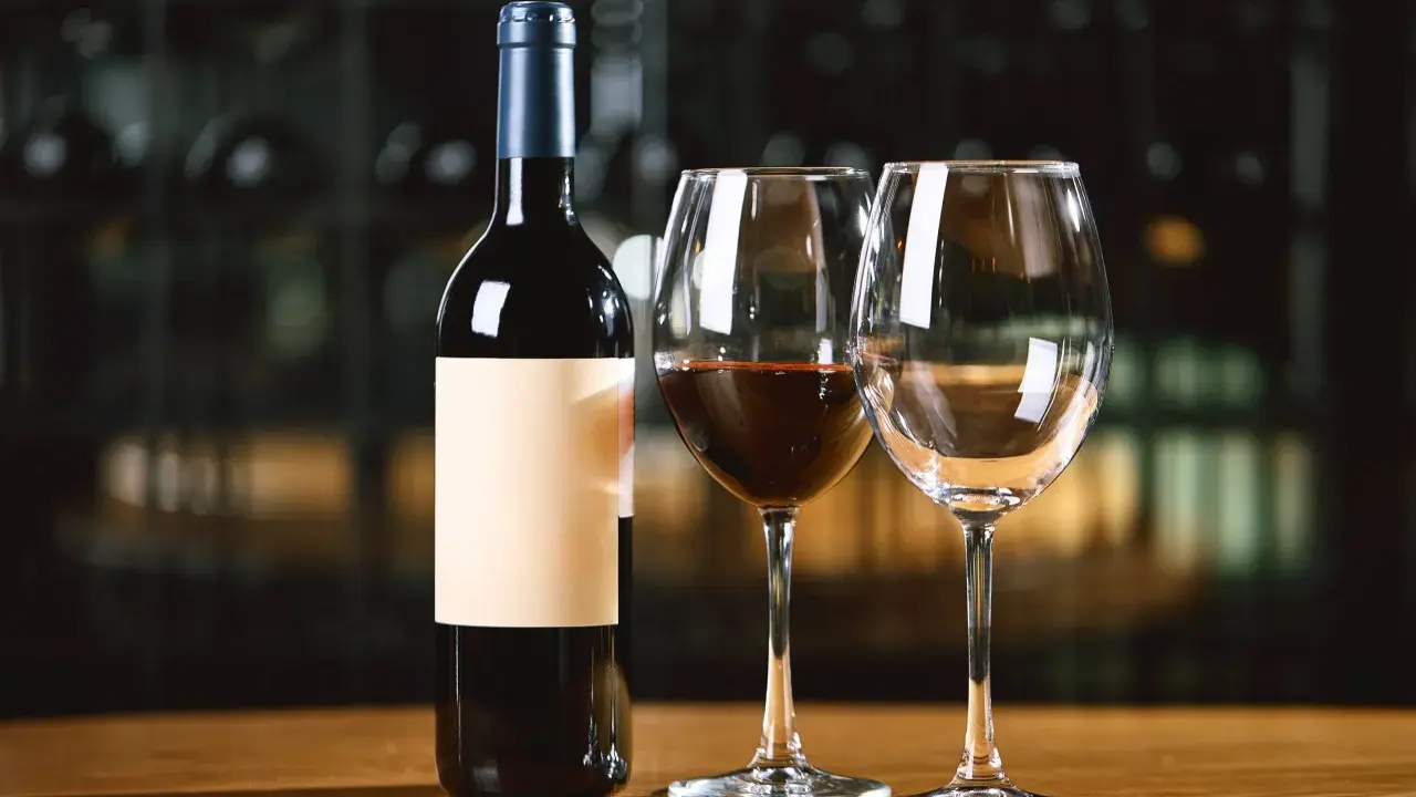 Une bouteille de vin rouge et deux verres, dont un partiellement rempli. Combien de verre dans une bouteille de vin ? La réponse est dans le plaisir de la dégustation.