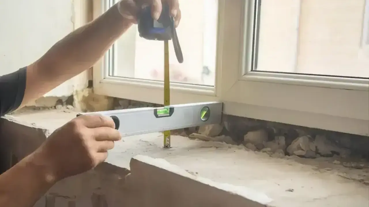 Ręce mierzą taśmą i poziomują, by wiedzieć, jak zmierzyć parapet wewnętrzny.