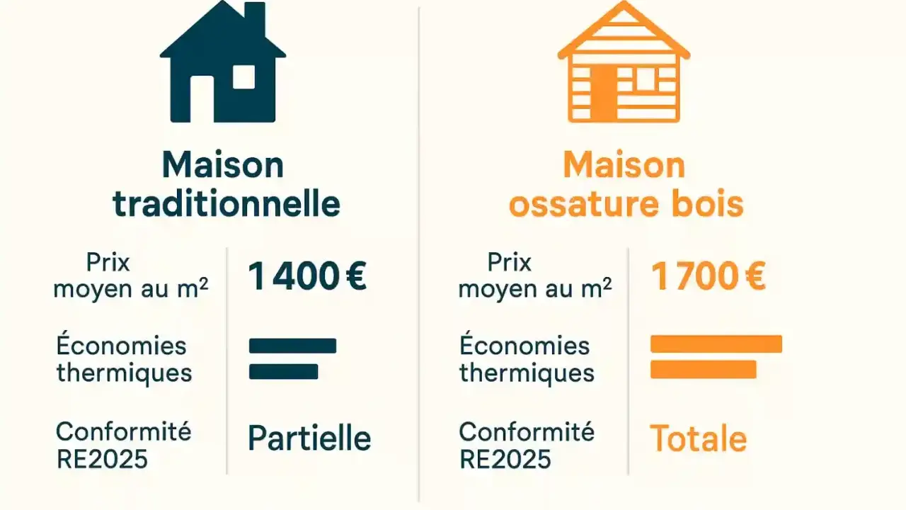 Comparaison : maison traditionnelle (1400€/m², économies partielles, conformité RE2025 partielle) vs maison ossature bois (1700€/m², économies totales, conformité RE2025 totale). Le prix maison ossature bois est plus élevé mais offre plus d'avantages.