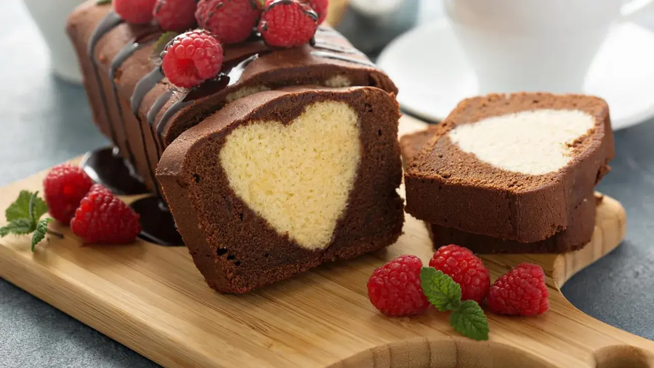 Schokoladen-Kastenkuchen mit einem hellen Herz im Inneren, garniert mit frischen Himbeeren und Schokoladensauce.