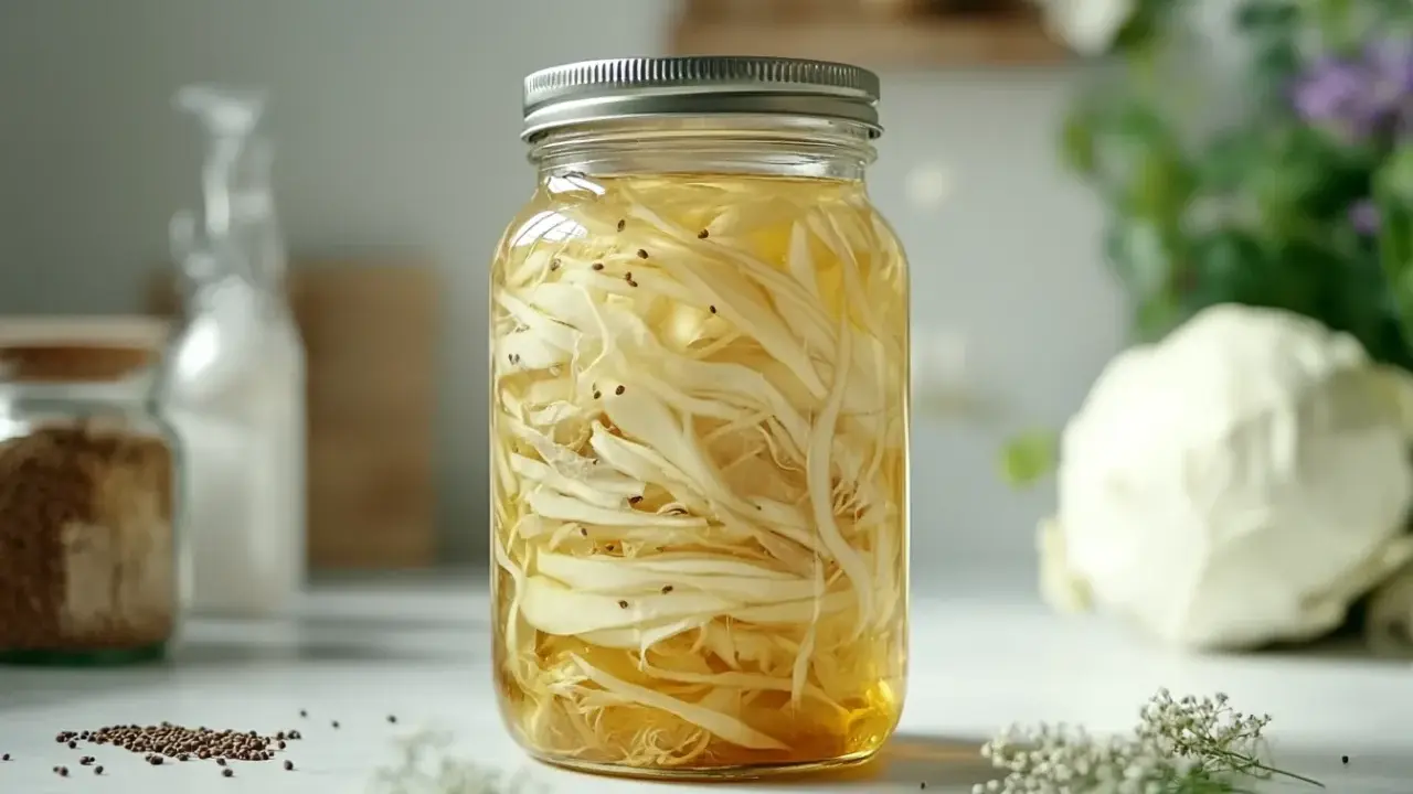 Ein Glas mit spitzkohl fermentieren, gefüllt mit fein geschnittenem Kohl und Gewürzen, bereit für die Gärung.