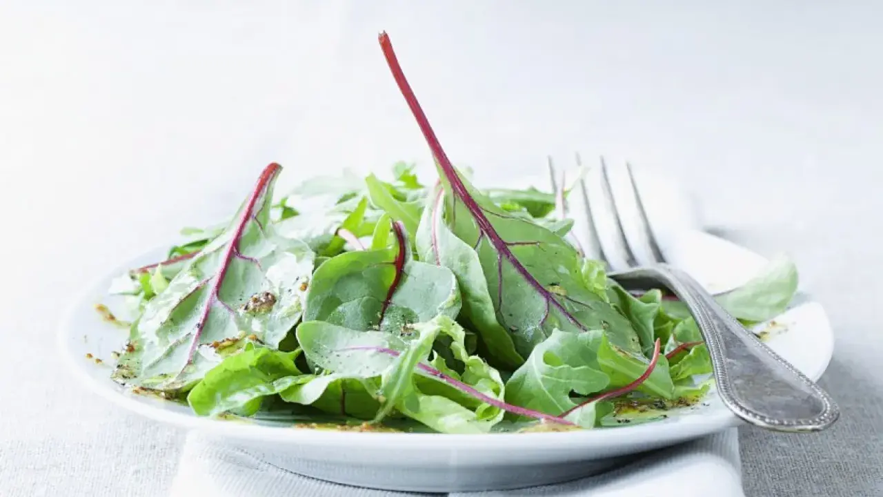 Frischer Mangoldsalat mit roten Stielen, beträufelt mit einem leichten Dressing, bereit zum Genießen.