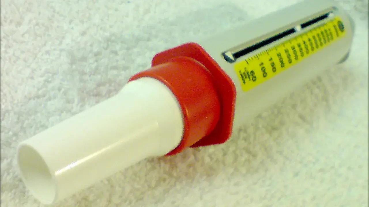 Nahaufnahme eines Peak-Flow-Meters mit Skala und rotem Mundstück.