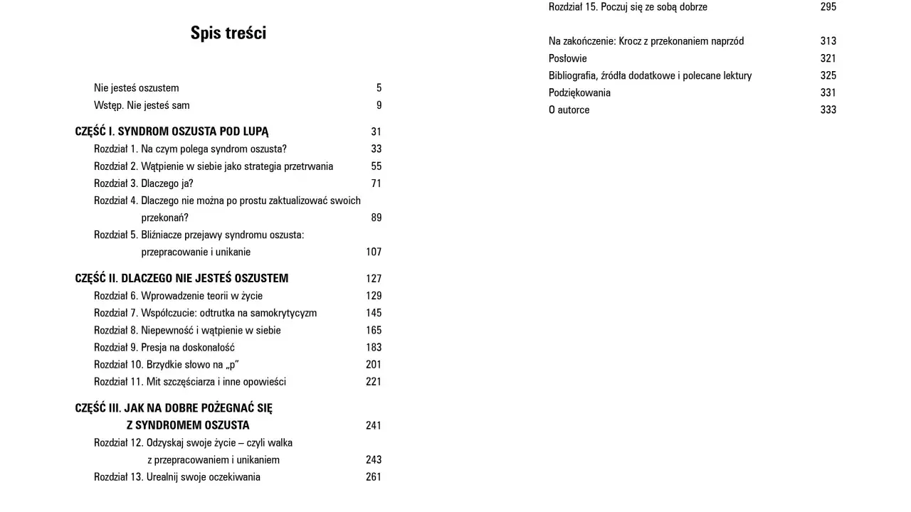 Spis treści książki z rozdziałami o syndromie oszusta i sposobach radzenia sobie z nim.