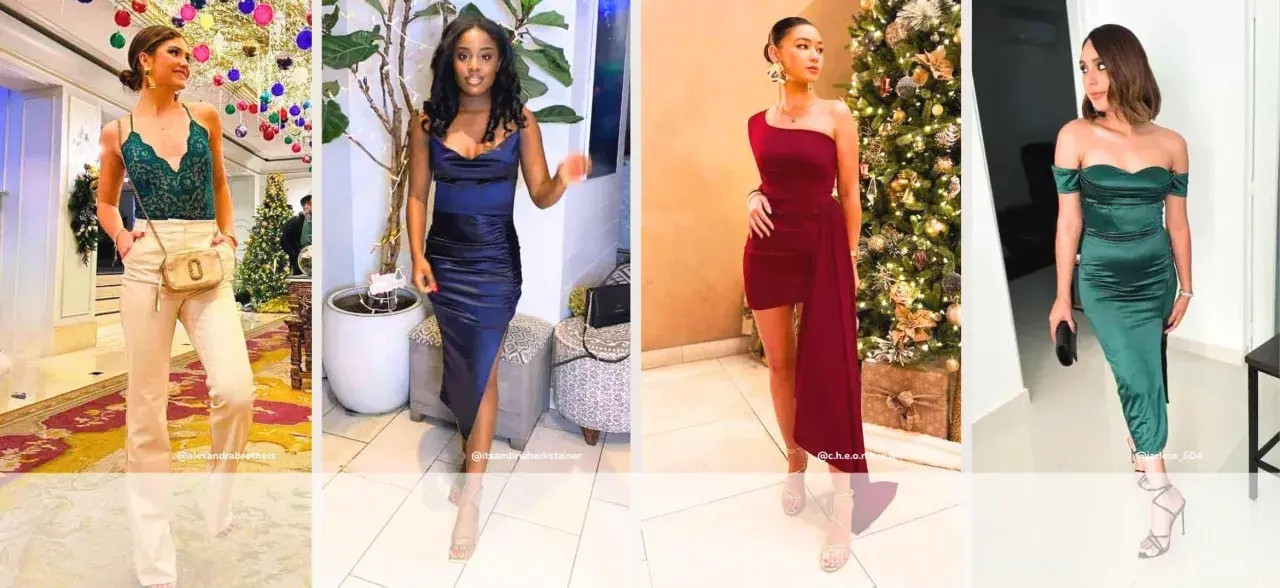 Four women showcase festive outfits, perfect for a Christmas party dress code. From elegant gowns to chic separates, they embody holiday glamour.