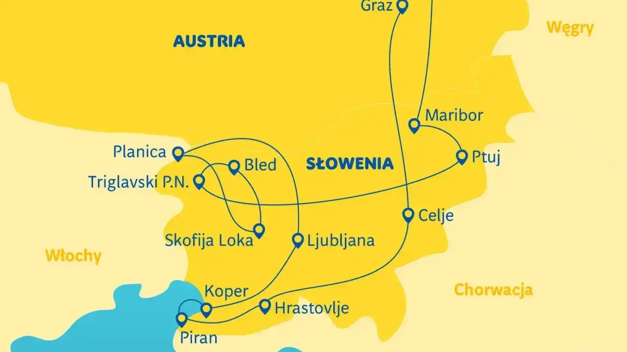 Mapa Słowenii z zaznaczonymi miastami: Bled, Lublana, Piran. Trasa prowadzi przez Austrię, Włochy i w kierunku Chorwacji.