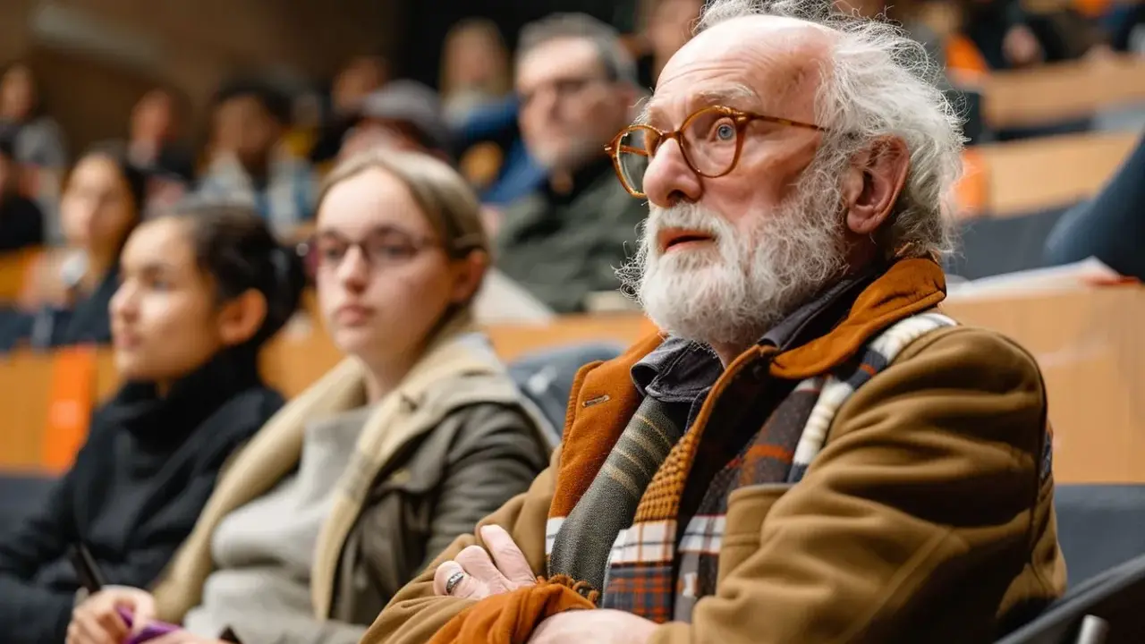 Un anziano con barba bianca e occhiali partecipa a un evento, forse per scoprire le agevolazioni over 65.