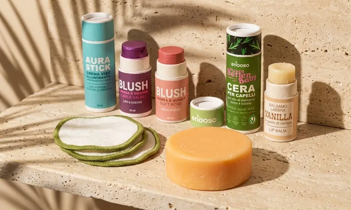 Cosmetici non testati su animali: stick illuminante, blush viola e rosa, cera per capelli, balsamo labbra alla vaniglia e dischetti struccanti.