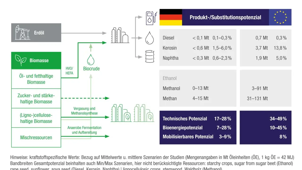 Diagramm zeigt das Potenzial von Biomasse als Ersatz für fossile Brennstoffe. Verschiedene Biomassearten werden zu Biocrude verarbeitet.