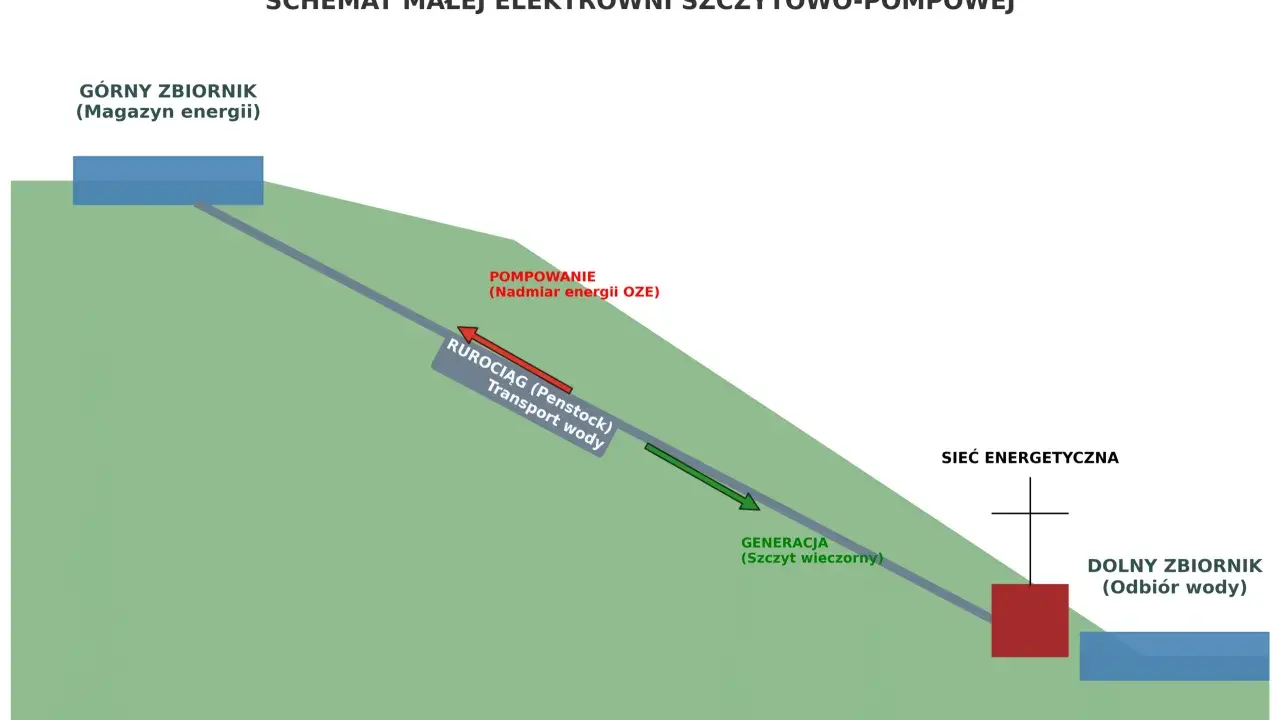 Schemat elektrowni szczytowo-pompowej: woda z górnego zbiornika (magazyn energii) płynie rurociągiem do turbiny/pompy, generując energię. Pompowanie nadmiaru energii OZE odbywa się w przeciwnym kierunku.
