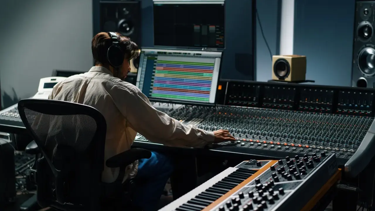 Ingénieur du son aux commandes d'une console, peut-être analogique ou numérique, dans un studio d'enregistrement.