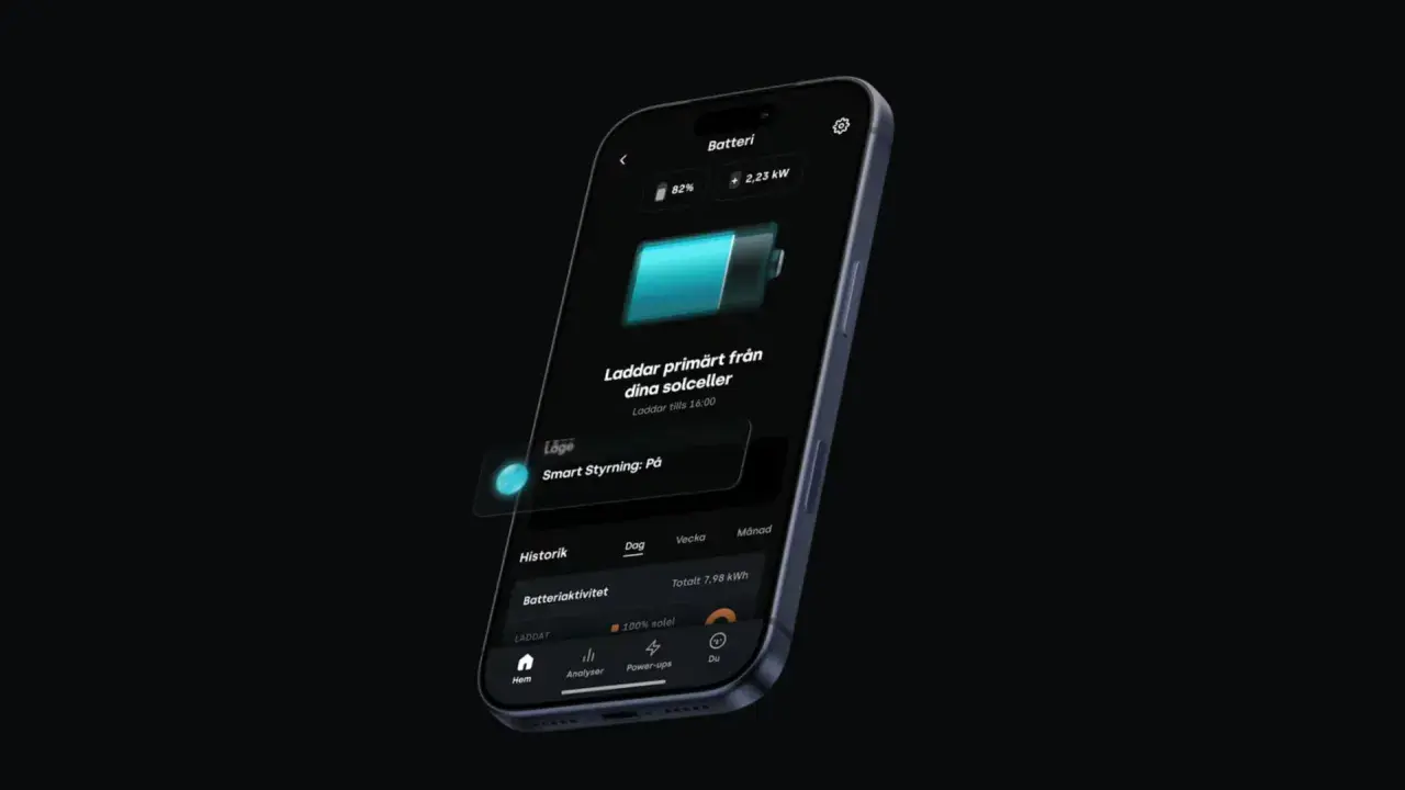 En mobilskärm visar Tibber Sungrow-appen, med batteristatus och smart styrning aktiverad.
