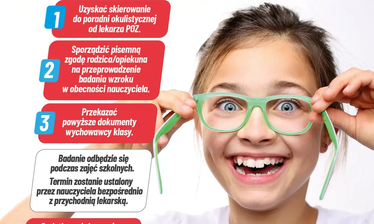 Uśmiechnięta dziewczynka w okularach zachęca do przesiewowego badania wzroku. Dowiedz się, jak wziąć udział!