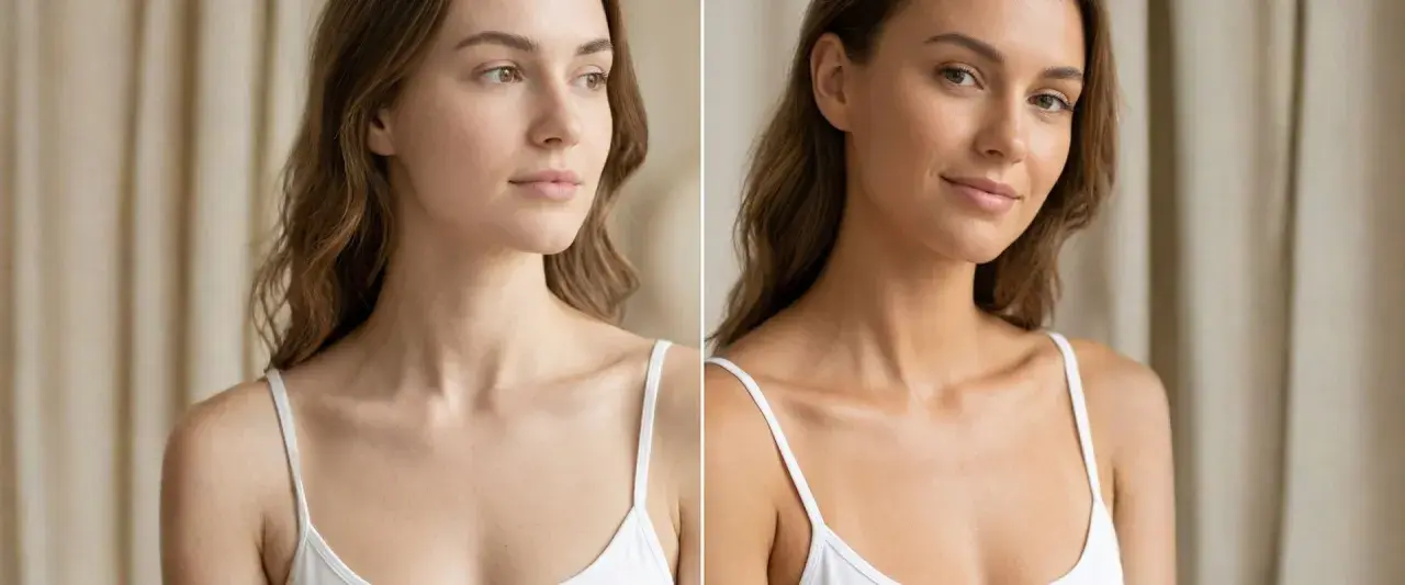 Comparación de piel: antes y después de un bronceado. La piel naranja de la cara se ve más radiante y saludable.