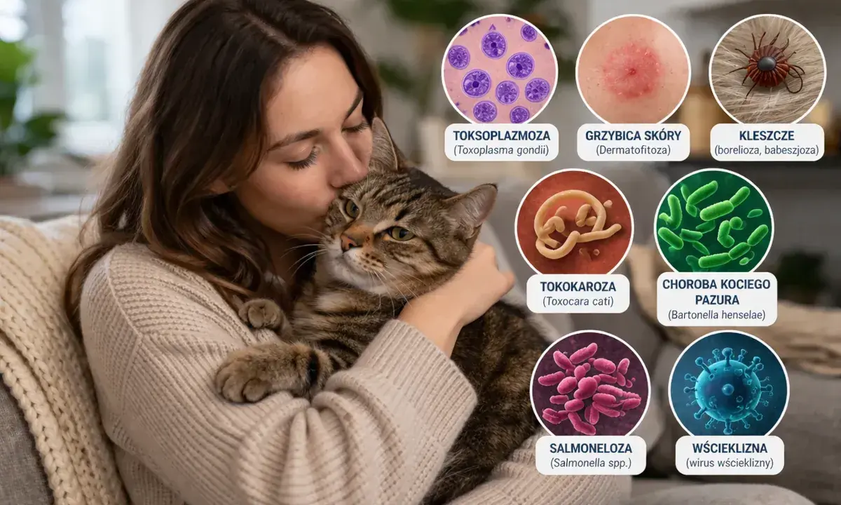 Kobieta tuli kota, a obok grafiki ilustrujące, jakie choroby przenoszą koty: toksoplazmoza, grzybica, kleszcze, tokokaroza, choroba kociego pazura, salmonella, wścieklizna.