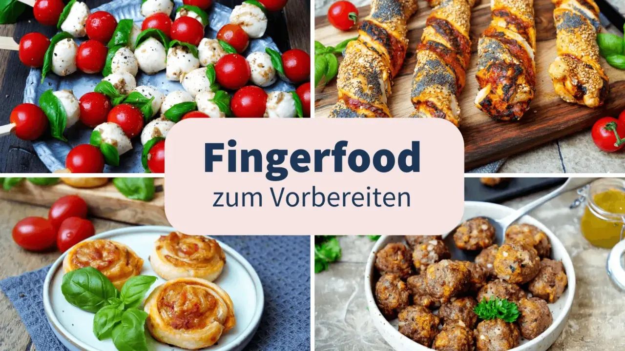 Vier Collagen zeigen Fingerfood: Caprese-Spieße, herzhafte Teigschnecken, Hackbällchen und Blätterteigstangen. Perfekt für kalte Gerichte zum Vorbereiten!