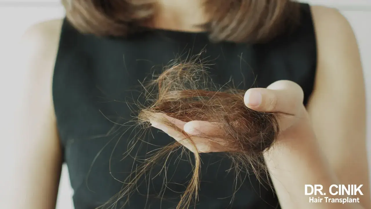 Une femme de 40 ans examine une poignée de cheveux tombés, signe de perte de cheveux.