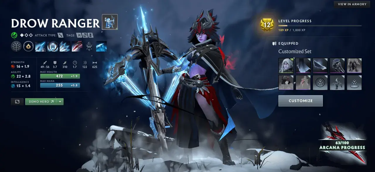 Drow Ranger z arcaną, lodowym łukiem i zimową zbroją. Postać w grze Dota 2.