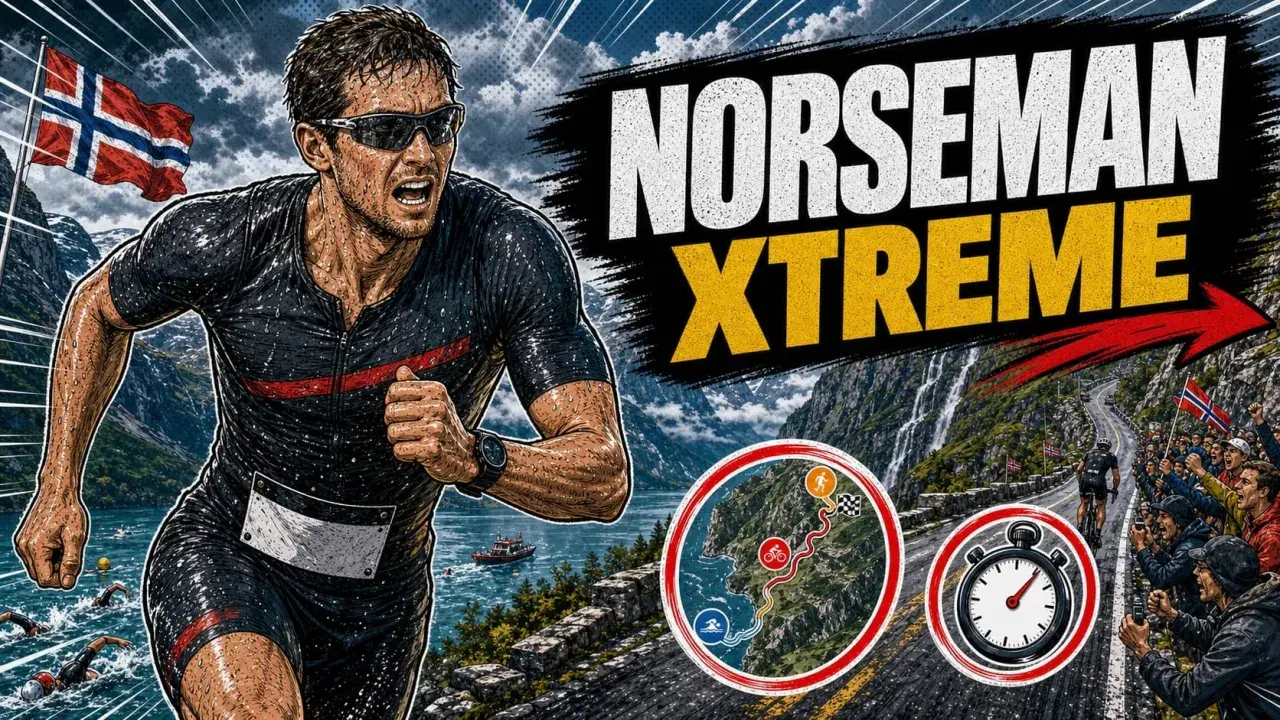 Ein Läufer beim Norseman Xtreme Triathlon in Norwegen. Schwimmen, Radfahren und Laufen in atemberaubender Fjordlandschaft.