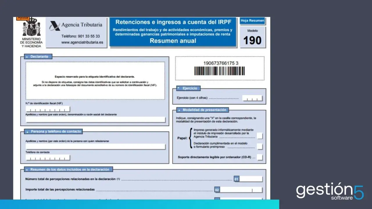 Formulario del Modelo 190 para la declaración de retenciones e ingresos a cuenta del IRPF, según la ley 35/2006 del IRPF.