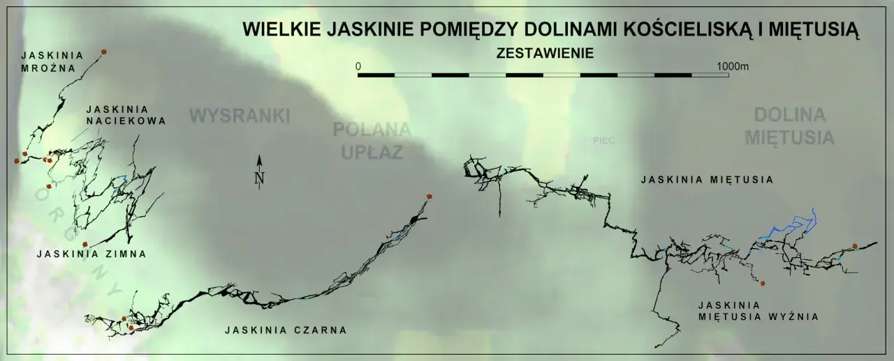 Mapa jaskiń Tatr Niżnych: Jaskinia Mroźna, Naciekowa, Zimna, Czarna, Miętusia i Miętusia Wyżnia.
