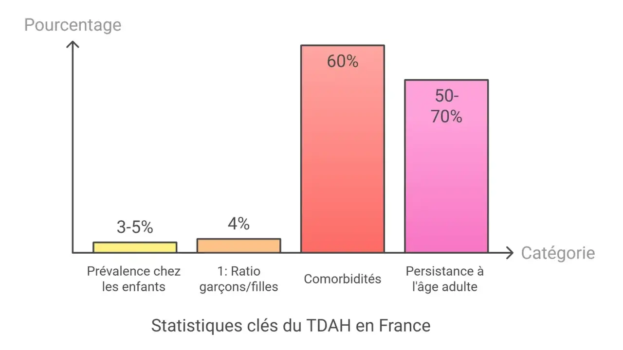 Graphique montrant les statistiques clés du TDAH en France : prévalence chez les enfants (3-5%), ratio garçons/filles (4%), comorbidités (60%), et persistance à l'âge adulte (50-70%). Un test TDAH ado pourrait révéler ces chiffres.