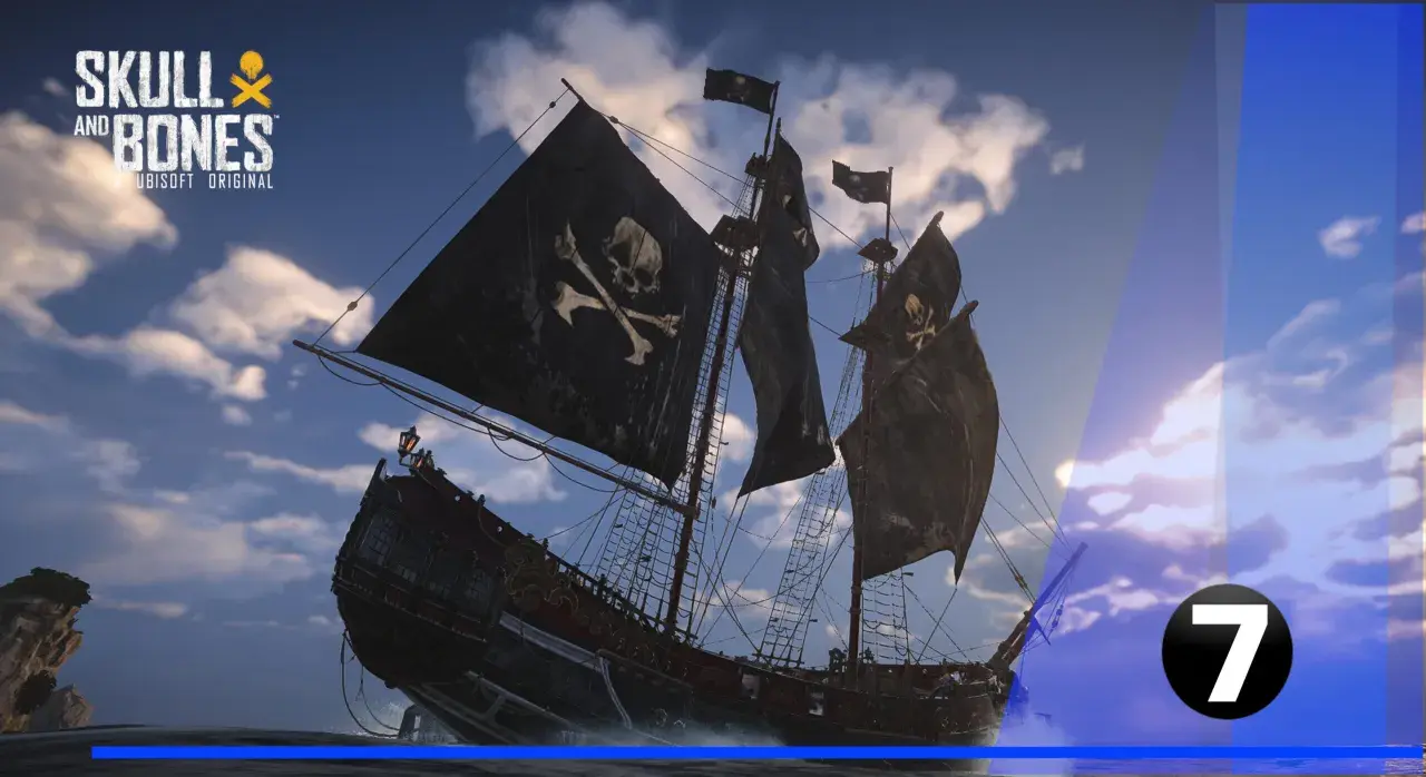 Żaglowiec z czarnymi żaglami i symbolem czaszki i skrzyżowanych kości, gotowy do walki w grze Skull and Bones.