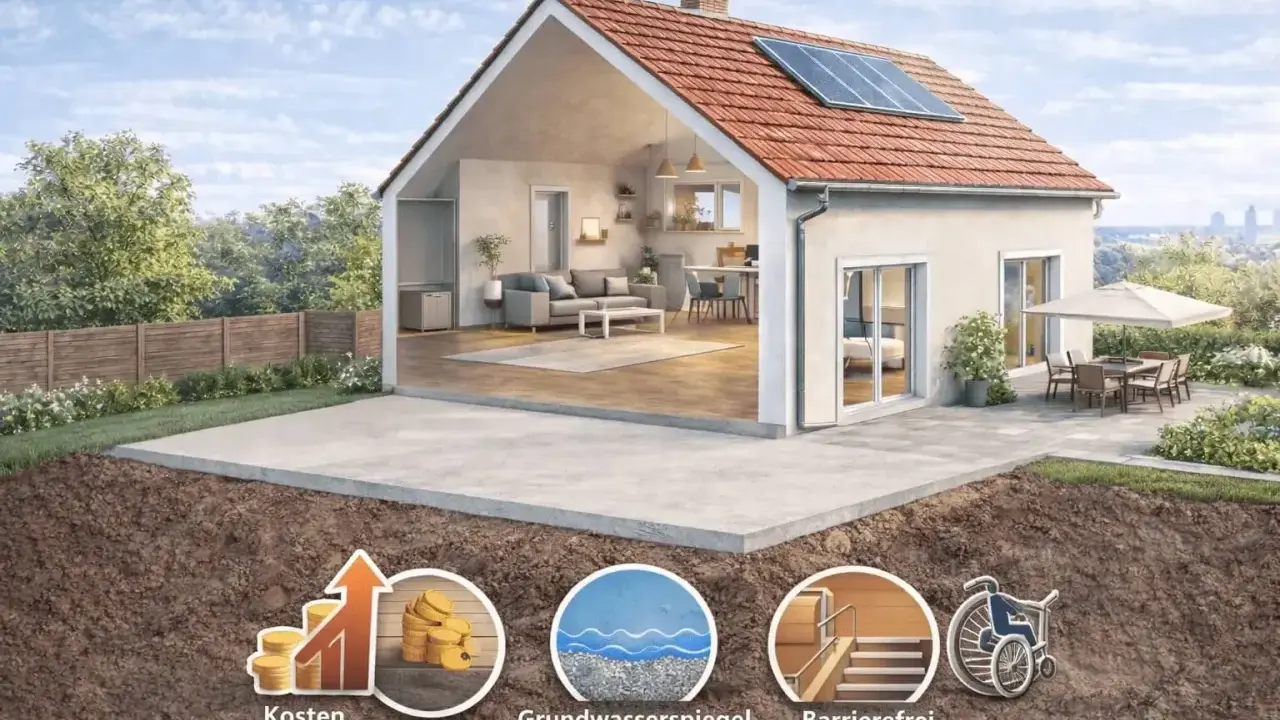 Ein Haus ohne Keller mit moderner Einrichtung, Solaranlage und Terrasse. Unten: Symbole für Kosten, Grundwasserspiegel und Barrierefreiheit.