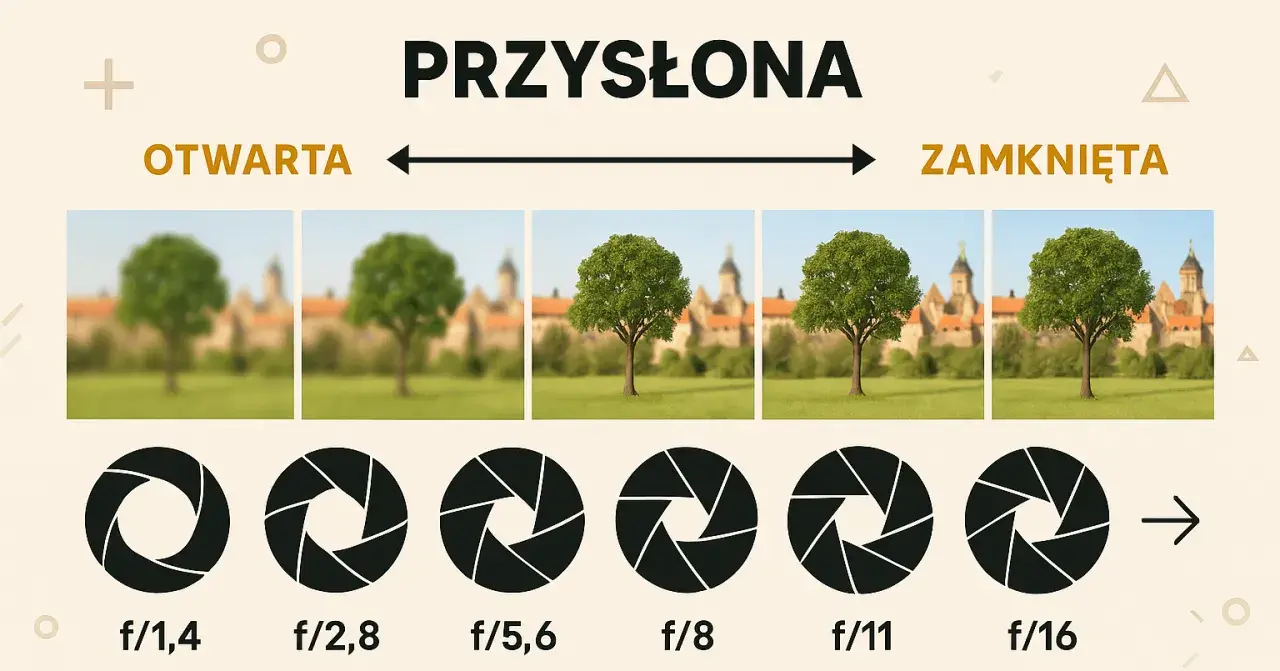 Ilustracja pokazuje, jak przysłona w aparacie wpływa na głębię ostrości. Od otwartej (f/1,4) do zamkniętej (f/16).
