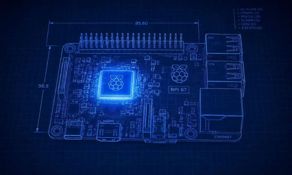 Schéma technique d'un Raspberry Pi 6, illuminé en bleu sur fond de grille. Les dimensions et les spécifications sont indiquées.