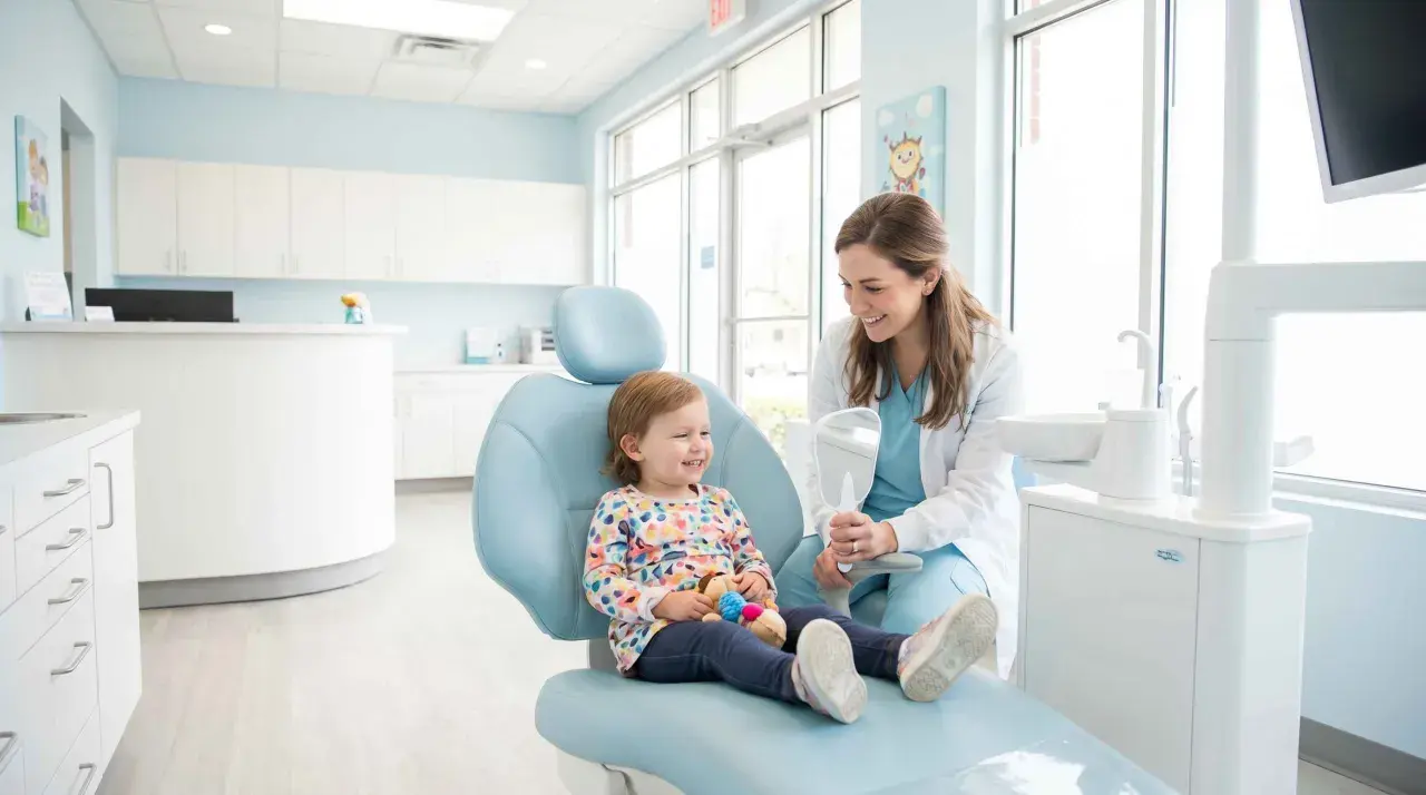 Uśmiechnięte dziecko u dentysty, trzymające pluszową zabawkę, siedzi na fotelu, podczas gdy dentystka pokazuje mu lusterko.