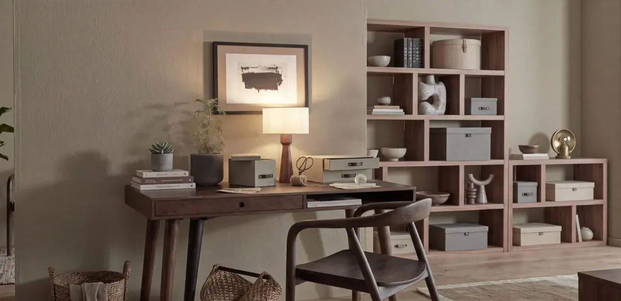 Elegancka organizacja biurka: lampa, rośliny, książki i pudełka do przechowywania tworzą harmonijną przestrzeń do pracy.