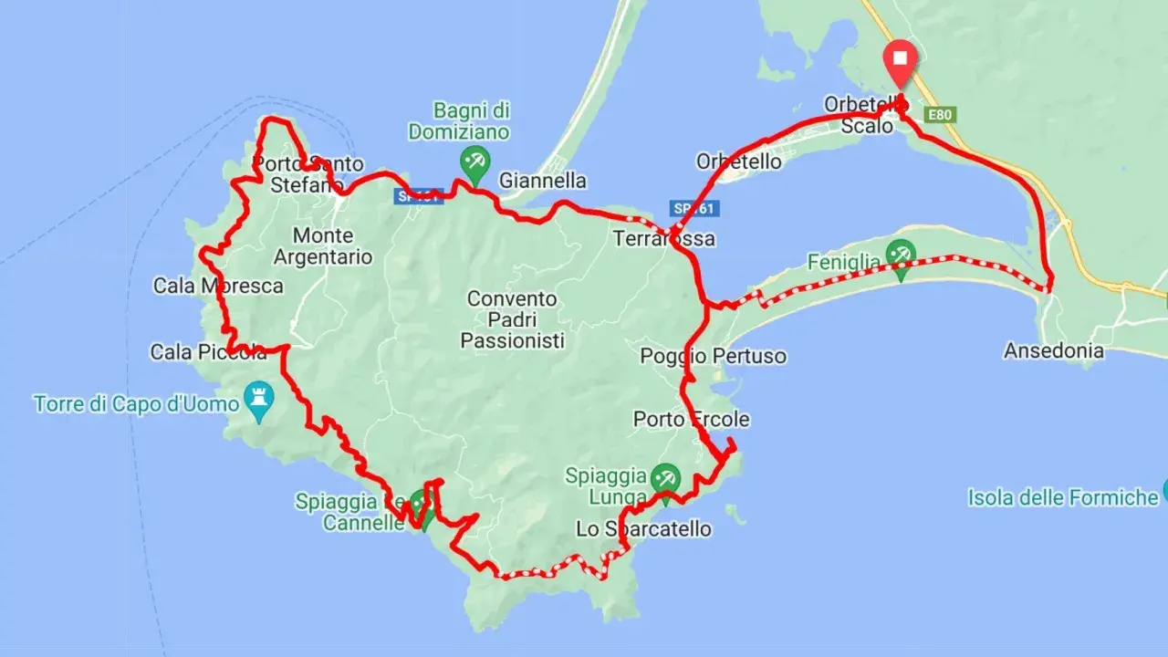 Mappa delle piste ciclabili dell'Argentario, con itinerario che tocca Porto Santo Stefano, Giannella, Orbetello, Feniglia e Porto Ercole.