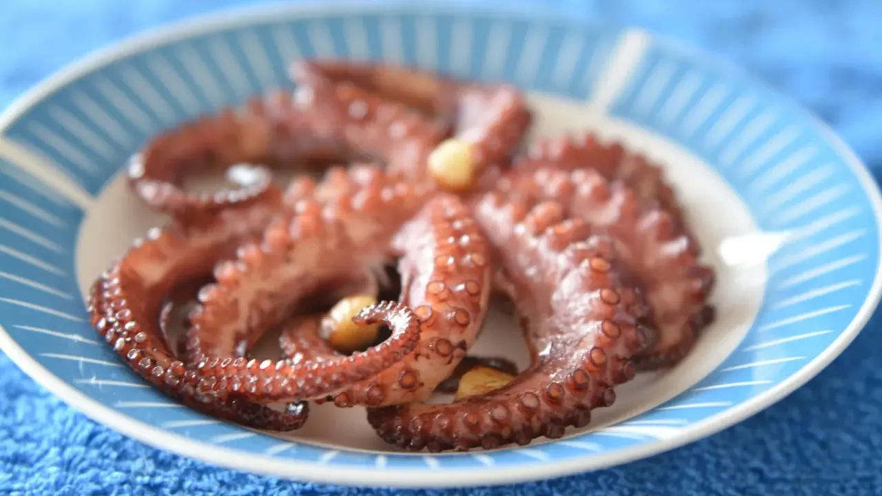 Gotowy ośmiornica przepis na talerzu z niebieskimi paskami. Delikatne macki z czosnkiem, idealne do degustacji.