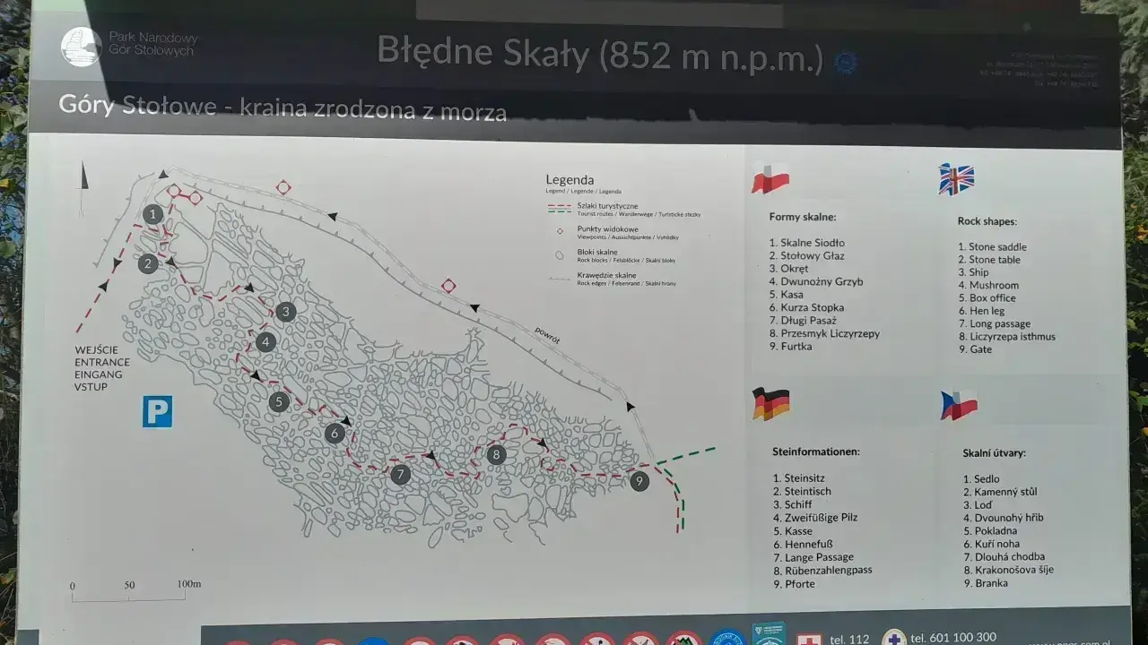 Mapa turystyczna Błędnych Skał w Górach Stołowych. Znajdziesz tu szlaki, punkty widokowe i nazwy formacji skalnych, np. "Skalne Siodło".