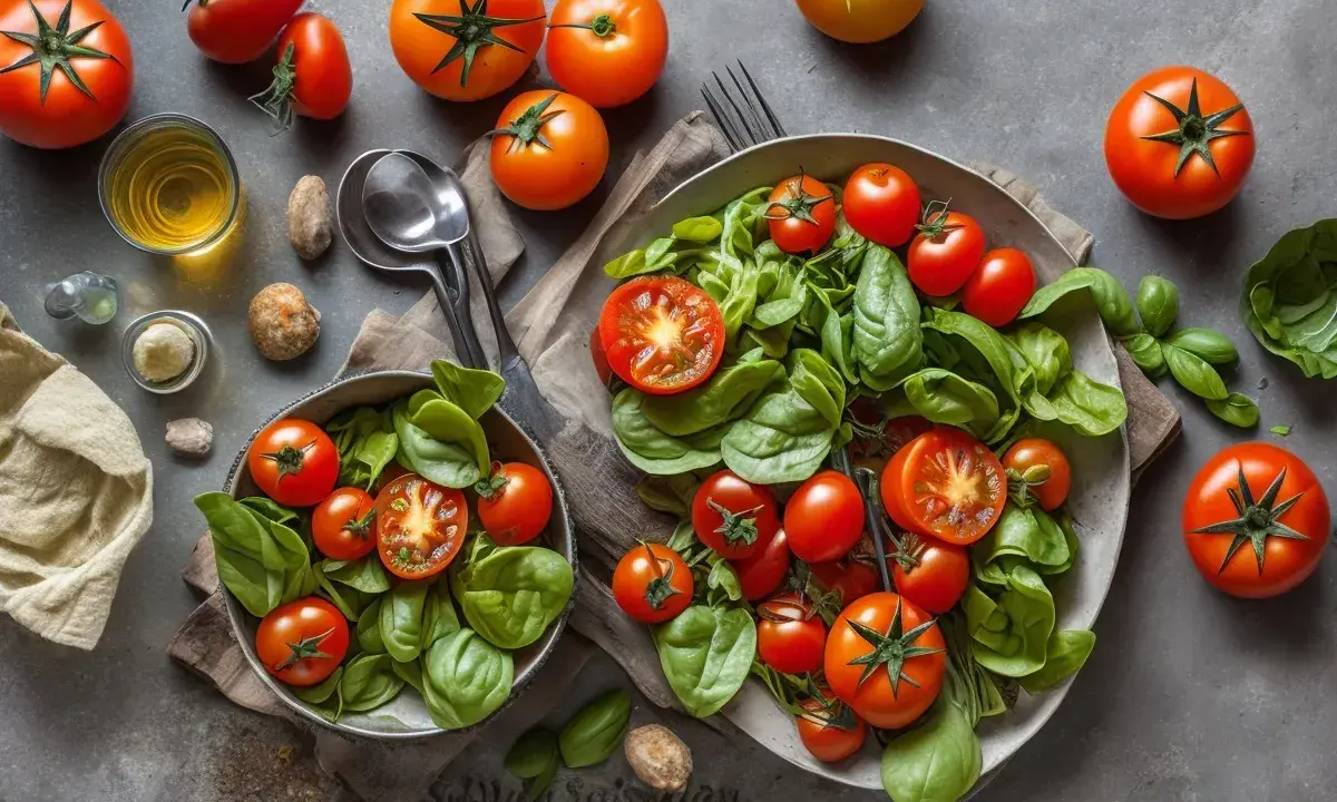 Deux salades de tomates fraîches et basilic, avec des tomates entières et coupées, sur fond gris.