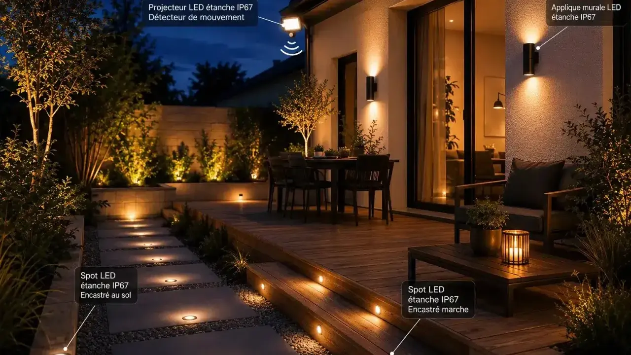 Éclairage extérieur moderne : projecteur, appliques murales et spots LED encastrés au sol et sur les marches, illustrant les 4 types d'ampoules pour un jardin illuminé.
