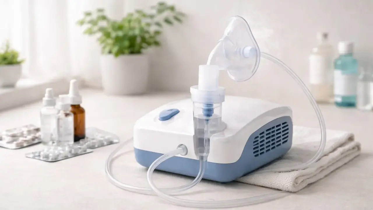 Nebulizator z maską, gotowy do podania leku w formie mgiełki. Na blacie obok leki i buteleczki.