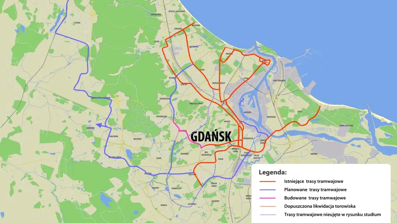 Mapa tras tramwajowych w Gdańsku i okolicach. Widoczna planowana **szemud trasa** tramwajowa łącząca Osowę z Matarnią.