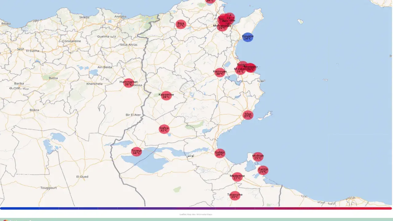 Mapa temperatur w Tunezji w maju: od 24°C w Douane do 34°C w Tozeur.