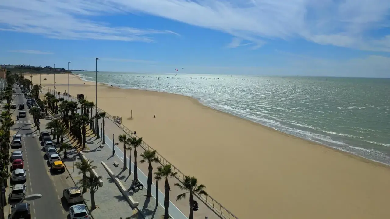 Sonniger Strand mit Palmen und Autos in Sanlúcar de Barrameda. Das Meer glitzert, am Horizont sind Kitesurfer zu sehen.