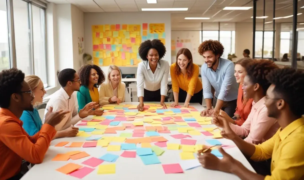 En grupp glada människor samlade runt ett bord täckt av färgglada post-it-lappar. En inspirerande scen för saker att hitta på med sin partner, som att brainstorma idéer tillsammans.