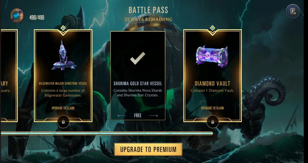 Ekran gry z menu BATTLE PASS. Widoczne nagrody: Bilgewater Major Gemstone Vessel, Shurima Gold Star Vessel (darmowy) i Diamond Vault.