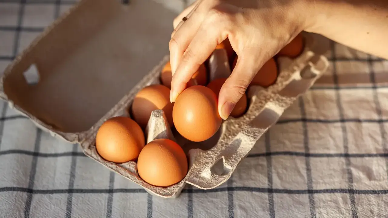Dłoń wybiera jajko z wytłoczki. Zastanawiasz się, ile kcal ma jajko? To zdrowa przekąska!