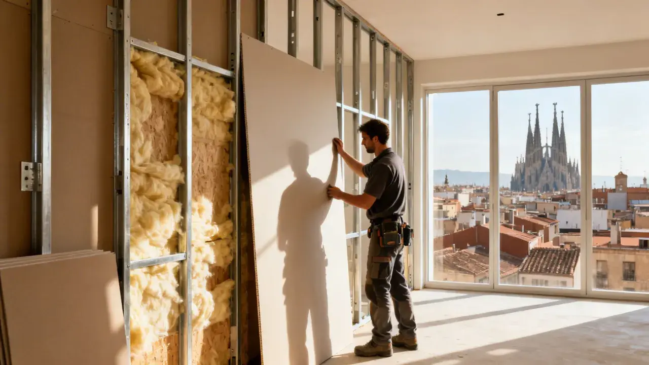 Obrero instala panel de pladur en estructura metálica, paso clave para como hacer una pared de pladur. Vista de Barcelona al fondo.