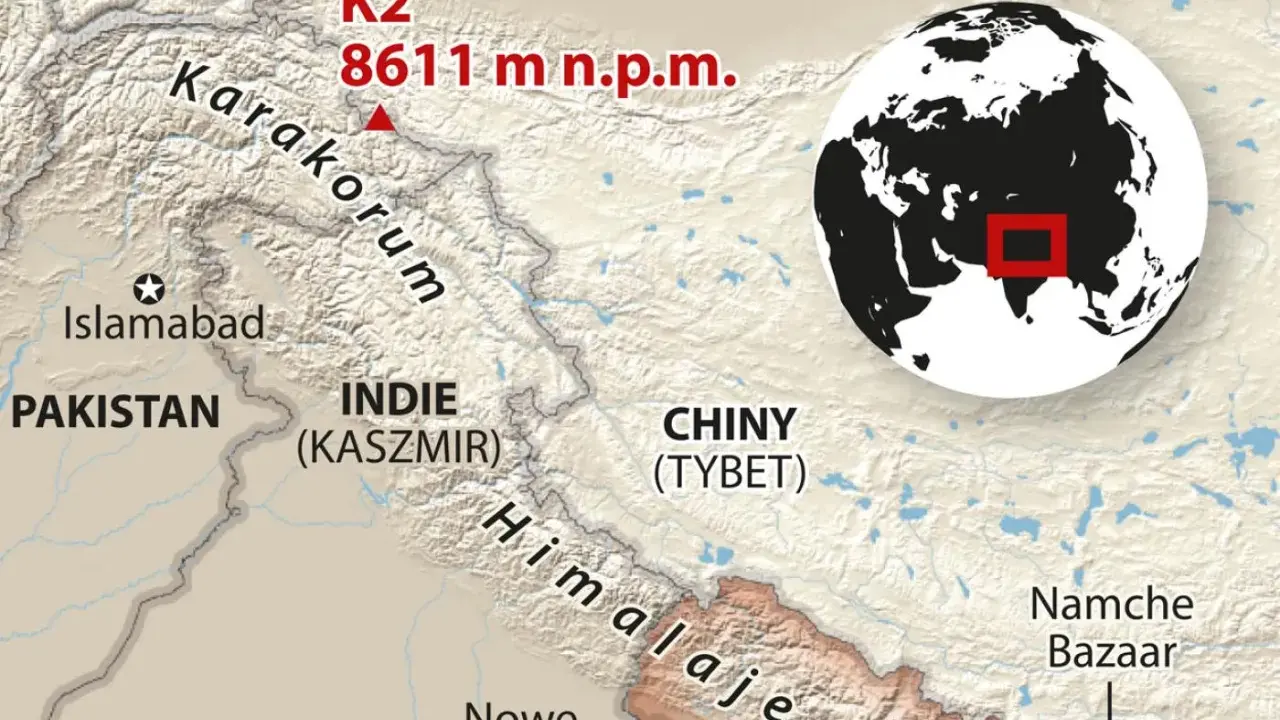 K2, gdzie jest? Na mapie widać K2 (8611 m n.p.m.) w Karakorum, na granicy Pakistanu i Chin (Tybetu), niedaleko Indii (Kaszmir).