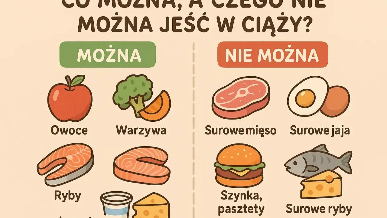 Ilustracja porównująca dozwolone (owoce, warzywa, ryby, jogurt, ser) i niedozwolone (surowe mięso, jaja, szynka, pasztety, surowe ryby) produkty spożywcze w ciąży.