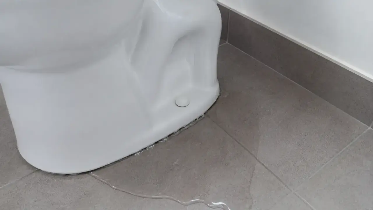 Woda wokół muszli klozetowej. Wygląda na to, że sedes przecieka przy podłodze, tworząc kałużę na szarych płytkach.